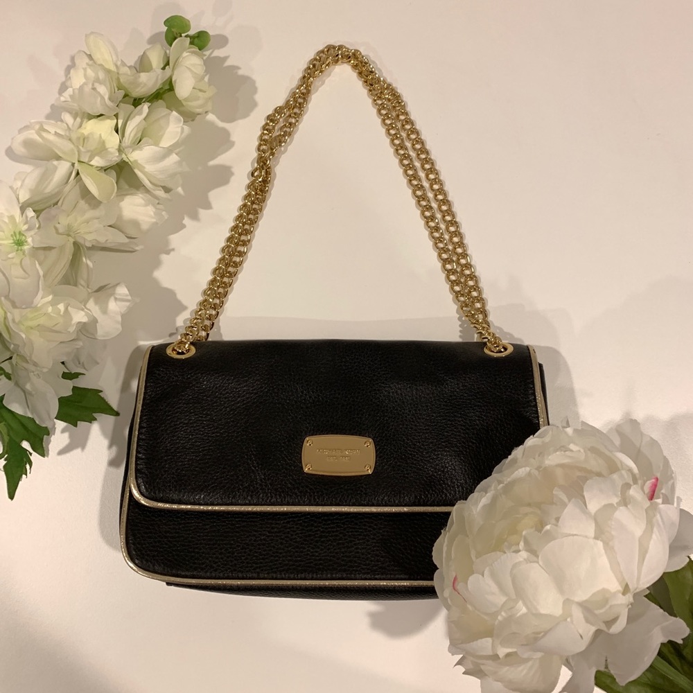 Michael Kors Black Leather Jet Set Bag Gold Chain